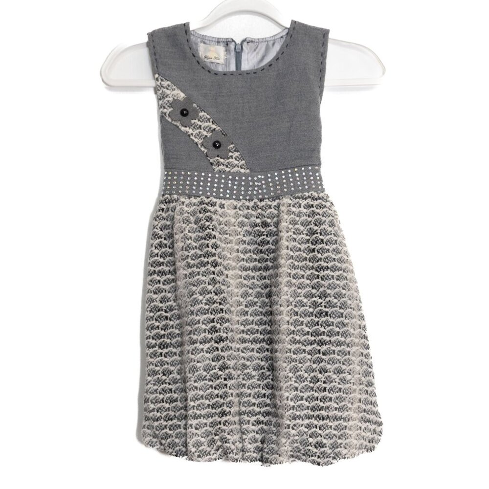Girls Size XL Gray & Cream Dress With Floral & Gem Detail